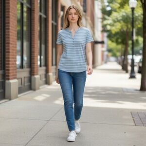 Calvin Klein Blue White‎ Striped Henley V Neck Short Sleeve Women's Top L